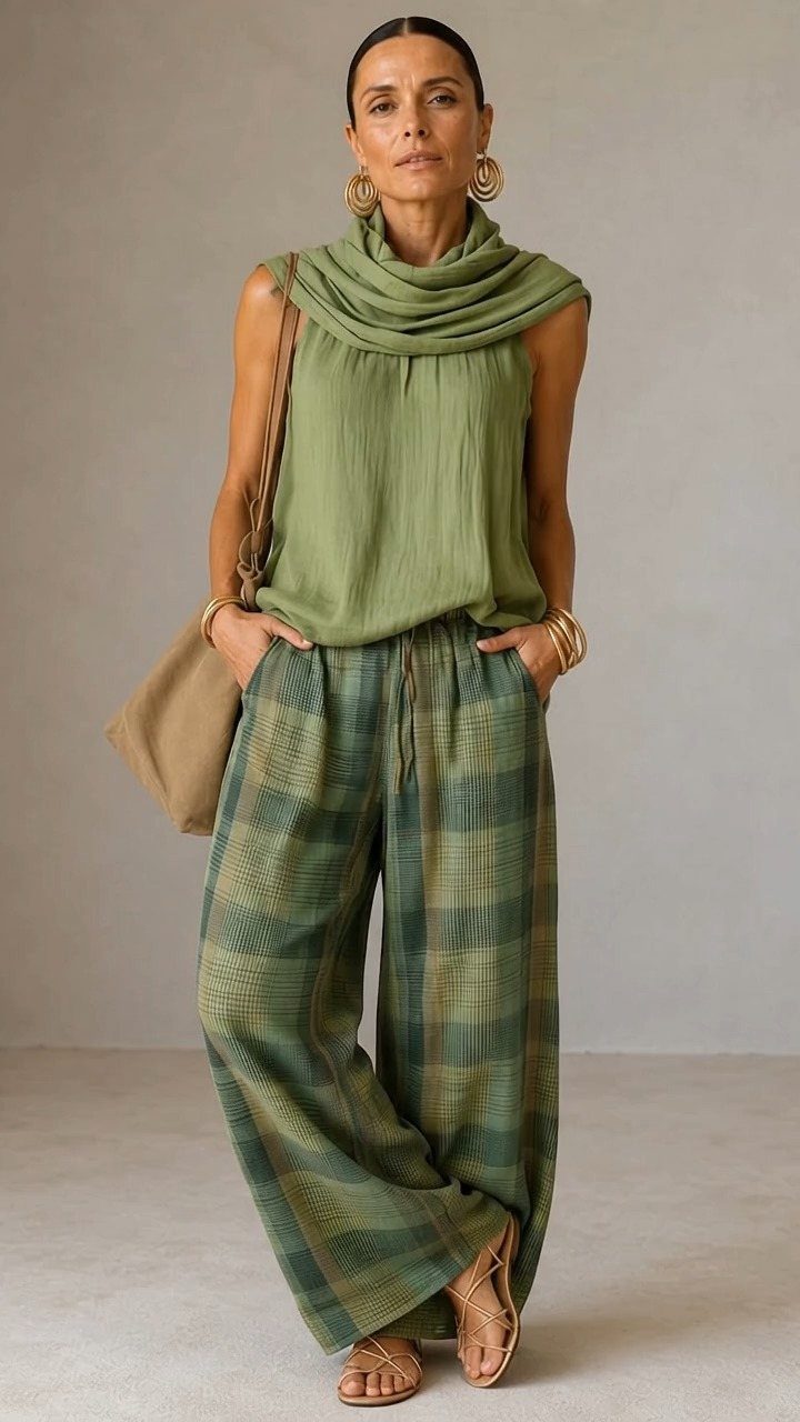 9 Summer Wide Leg Pants Outfit Ideas for Easy Style 9 Woman wearing olive green cowl-neck top and wide-leg plaid green pants with sandals.