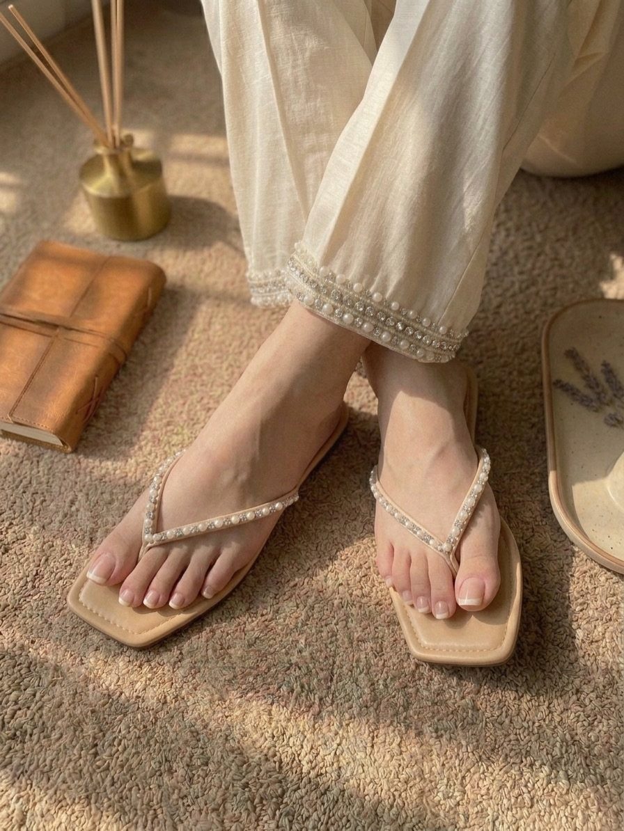 Beige square-toe flip flops with pearl-embellished straps worn with white pearl-trimmed trousers.