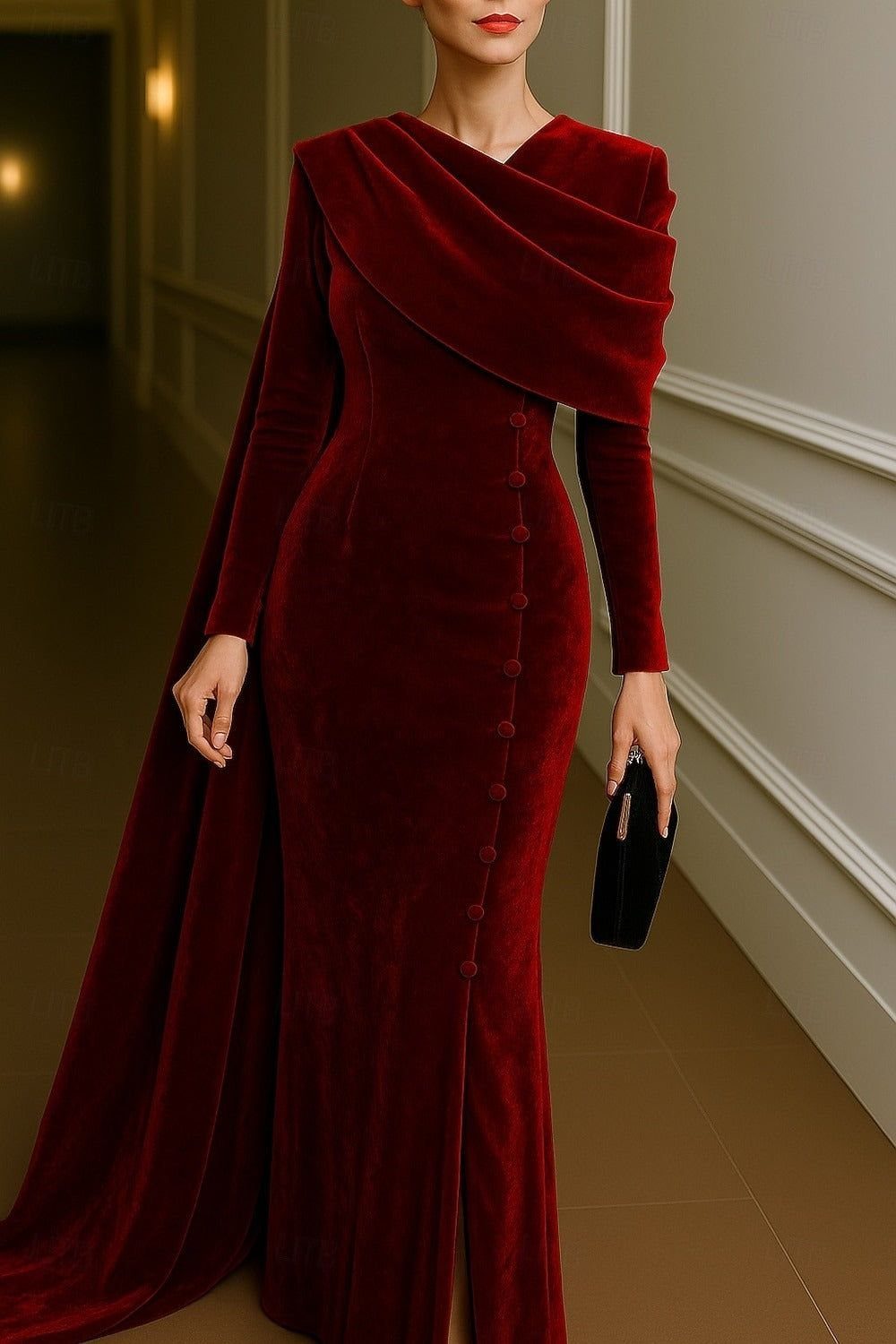 Woman in a floor-length burgundy velvet gown with a draped neckline and black clutch.