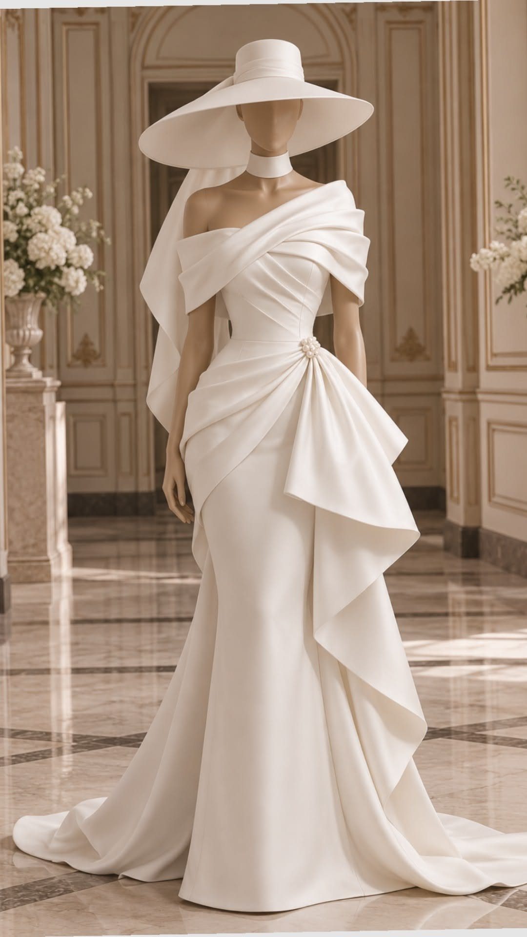 White off-the-shoulder couture gown with wide-brimmed hat on a mannequin in classical hall