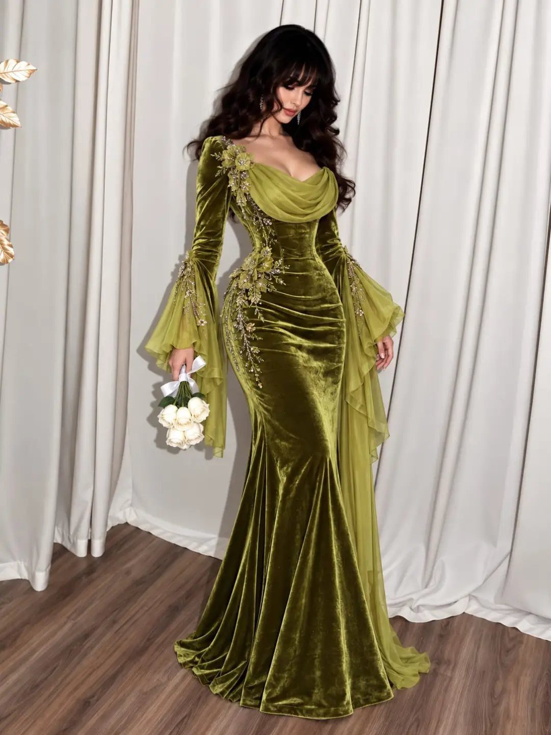 Woman in an olive green velvet couture gown with gold embroidery and white flowers