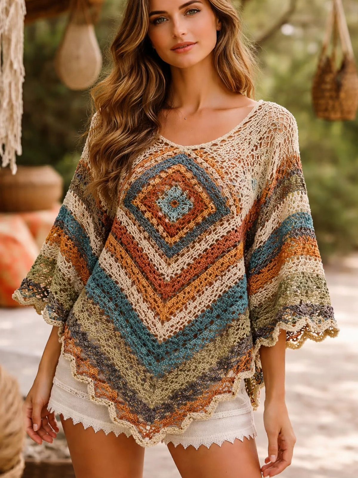 Western Themed Party Outfit Ideas: 8 Looks to Wear 5 Woman wearing a multi-colored crochet poncho with a diamond pattern and white shorts.