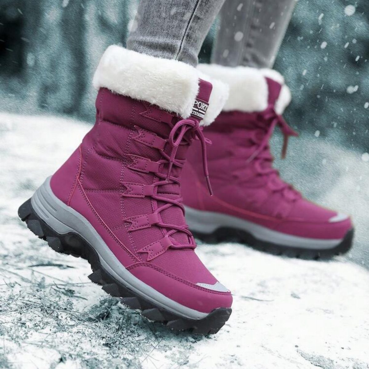 Magenta snow boots with white fur trim and grey skinny jeans in snow