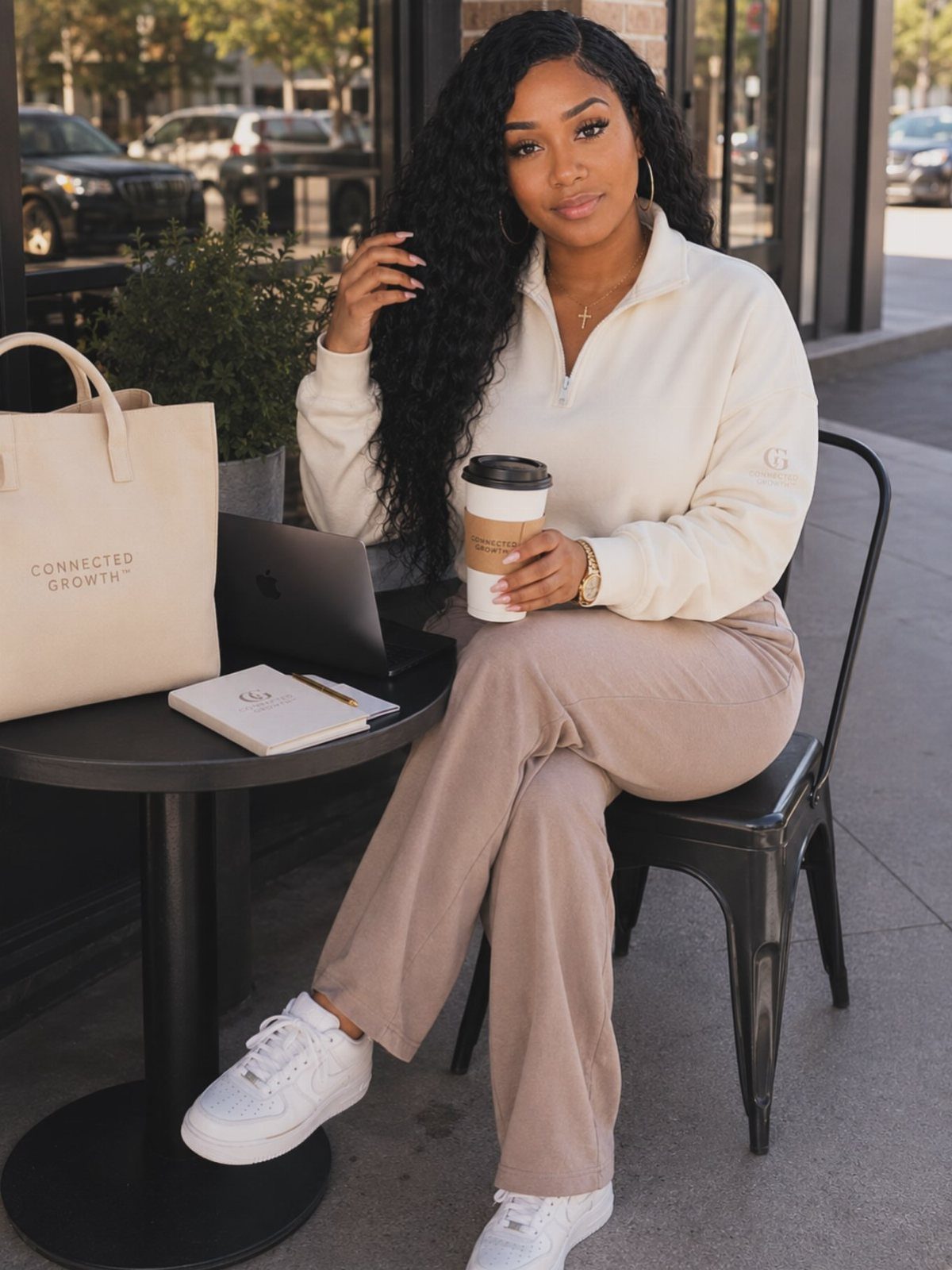 Woman in white pullover and beige trousers sitting at a cafe with laptop