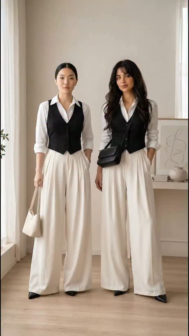 Two women wearing white wide-leg trousers, black waistcoats, and black pointed-toe flats.